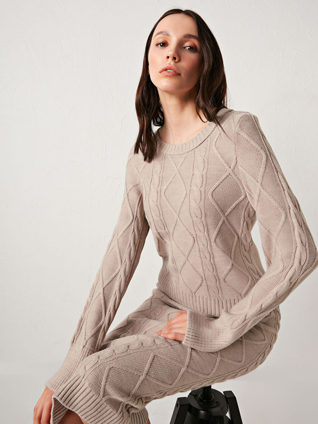 Bej Desenli Akrilik Triko Kazak-3