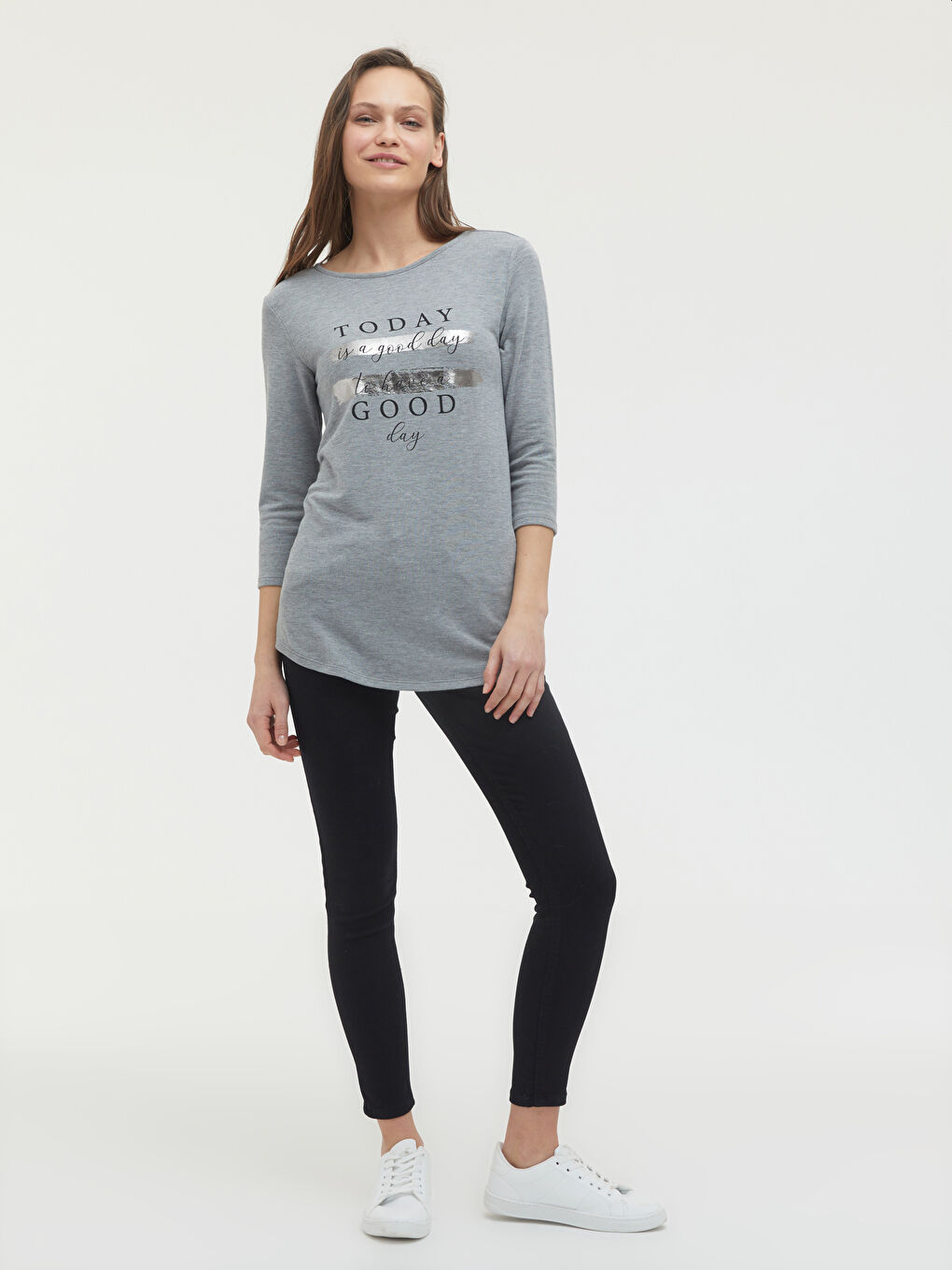 T-shirt imprimé avec slogan à col rond-1