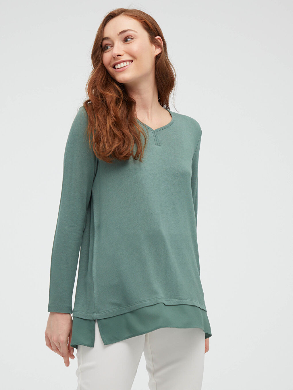 V Neck Long Sleeve Viscose Women's Blouse-2