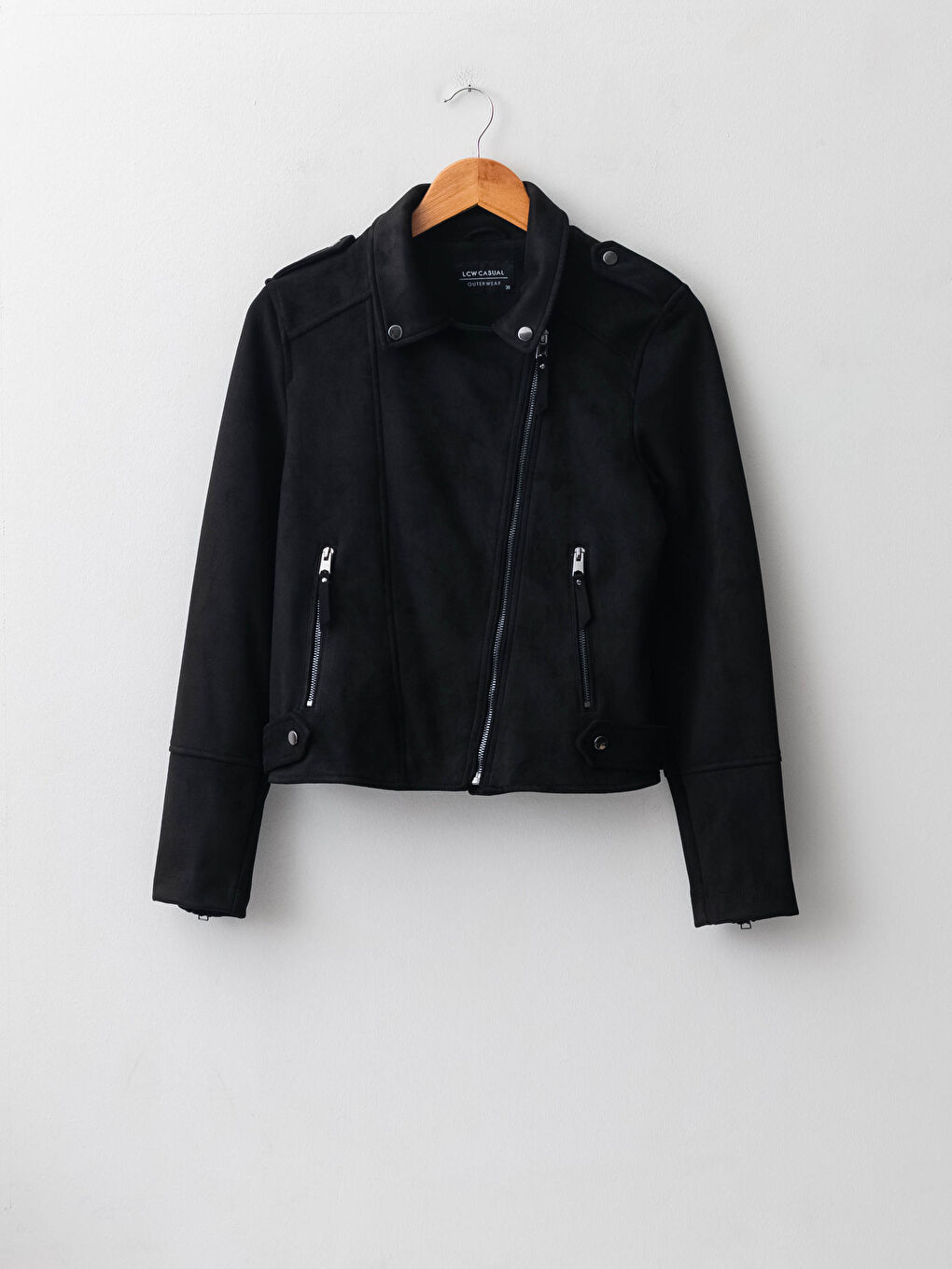 Siyah Biker Yaka Düz Fermuarlı Uzun Kollu Süet Kadın Mont-6