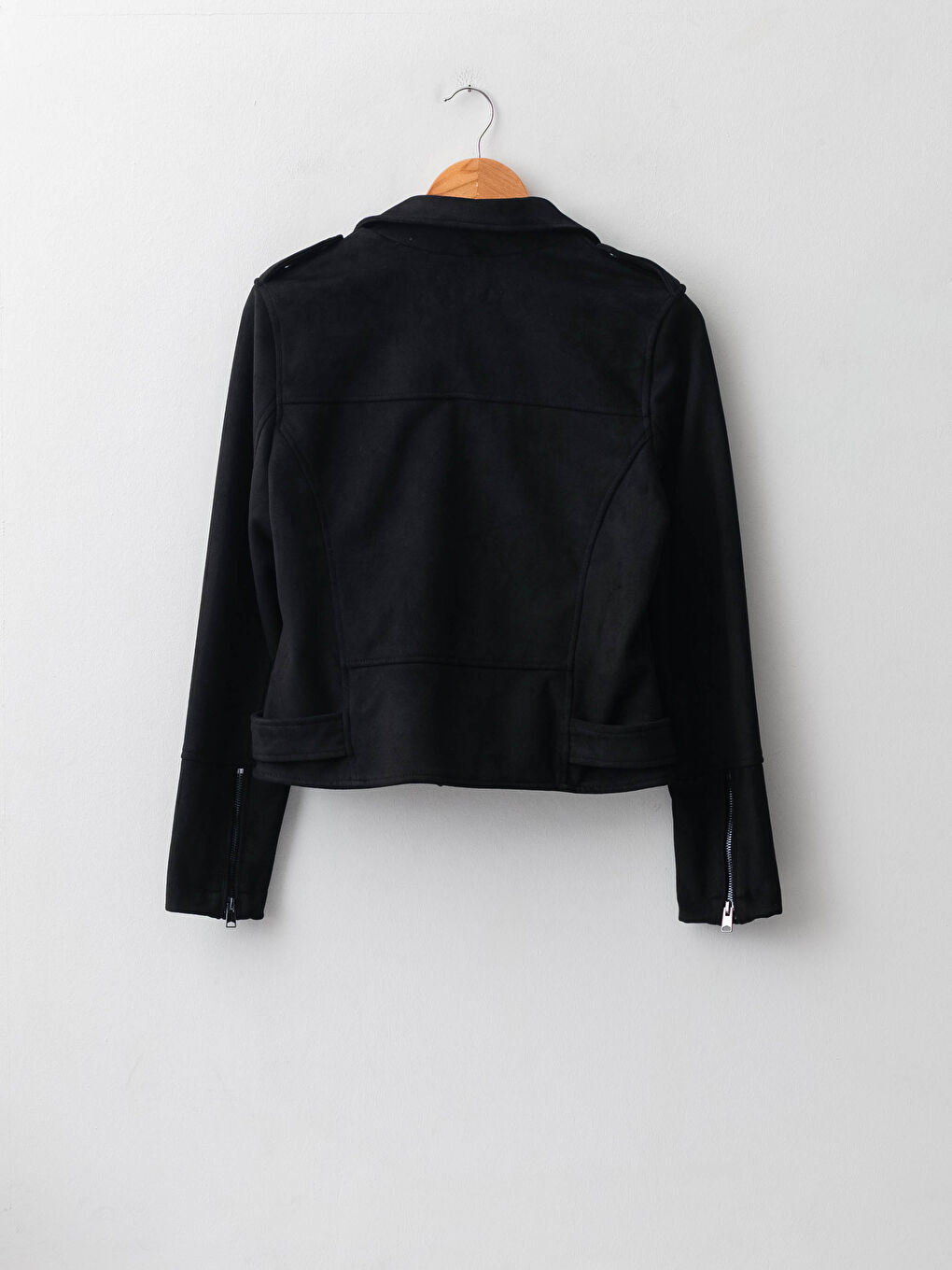 Siyah Biker Yaka Düz Fermuarlı Uzun Kollu Süet Kadın Mont-7