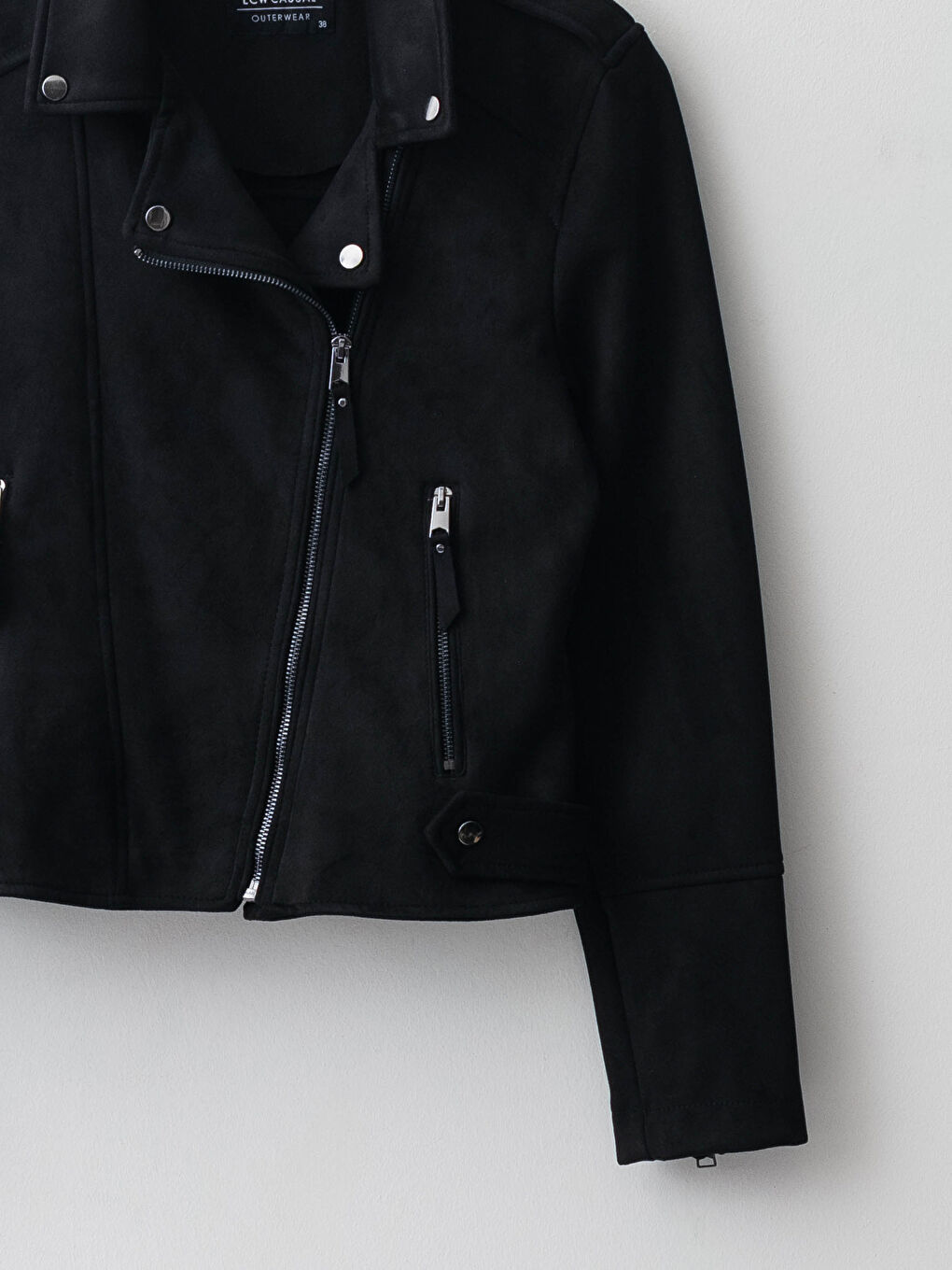 Siyah Biker Yaka Düz Fermuarlı Uzun Kollu Süet Kadın Mont-8