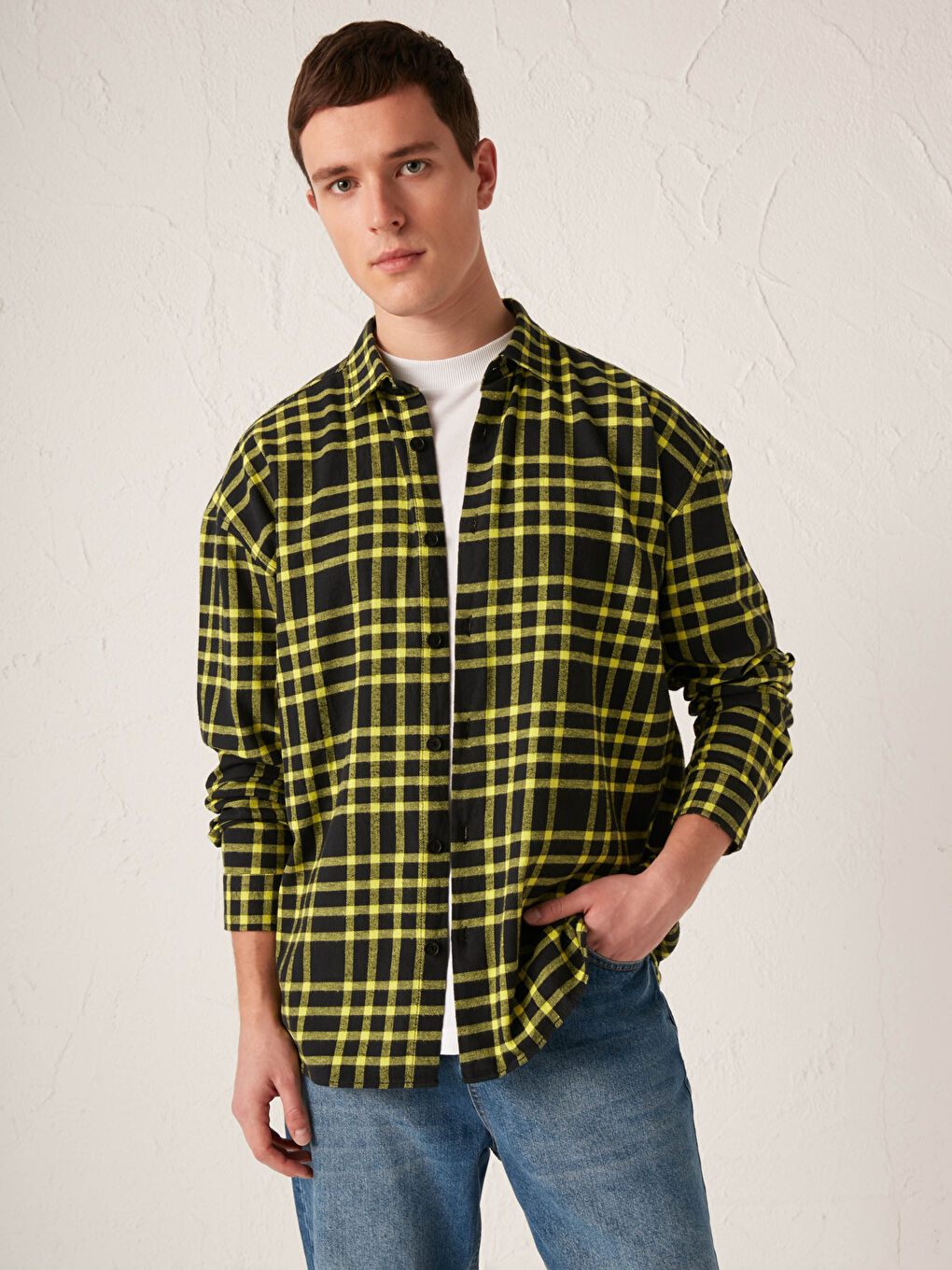 Yeşil Oversize Uzun Kollu Ekose Erkek Oduncu Gömlek