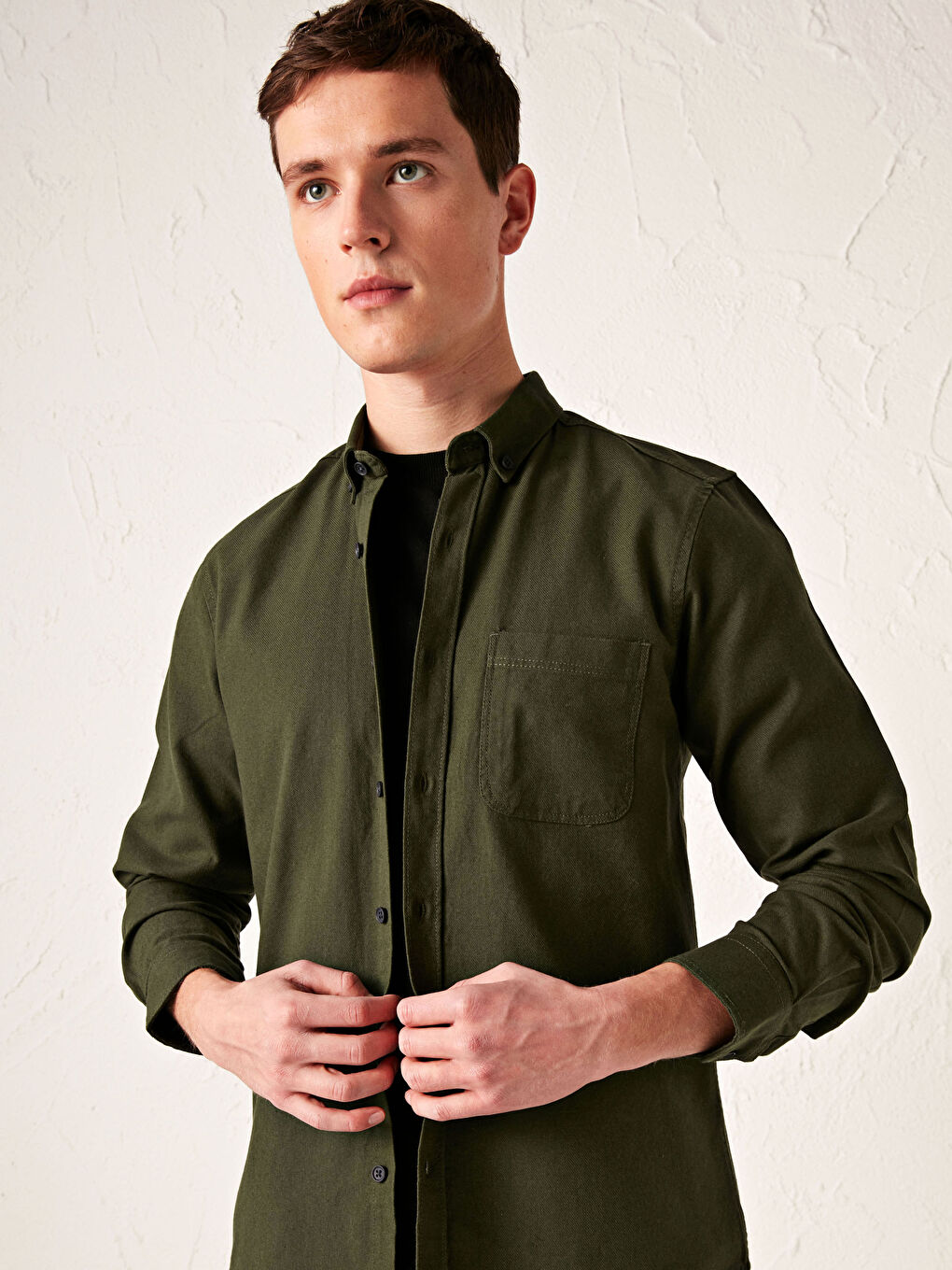 Yeşil Slim Fit Uzun Kollu Gabardin Gömlek-1