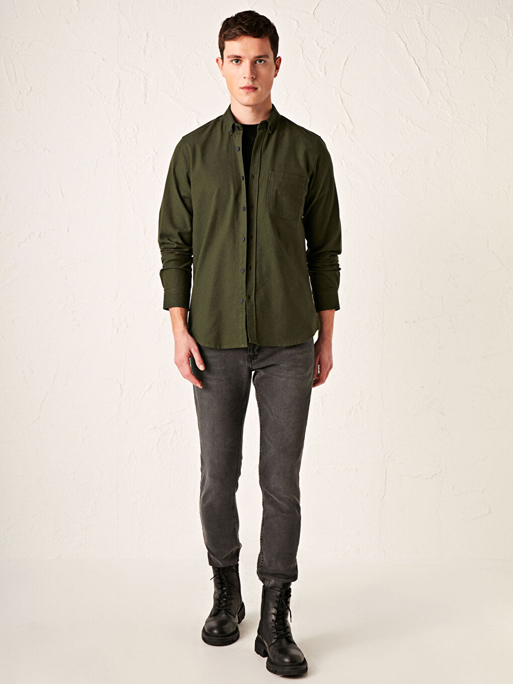 Yeşil Slim Fit Uzun Kollu Gabardin Gömlek-2