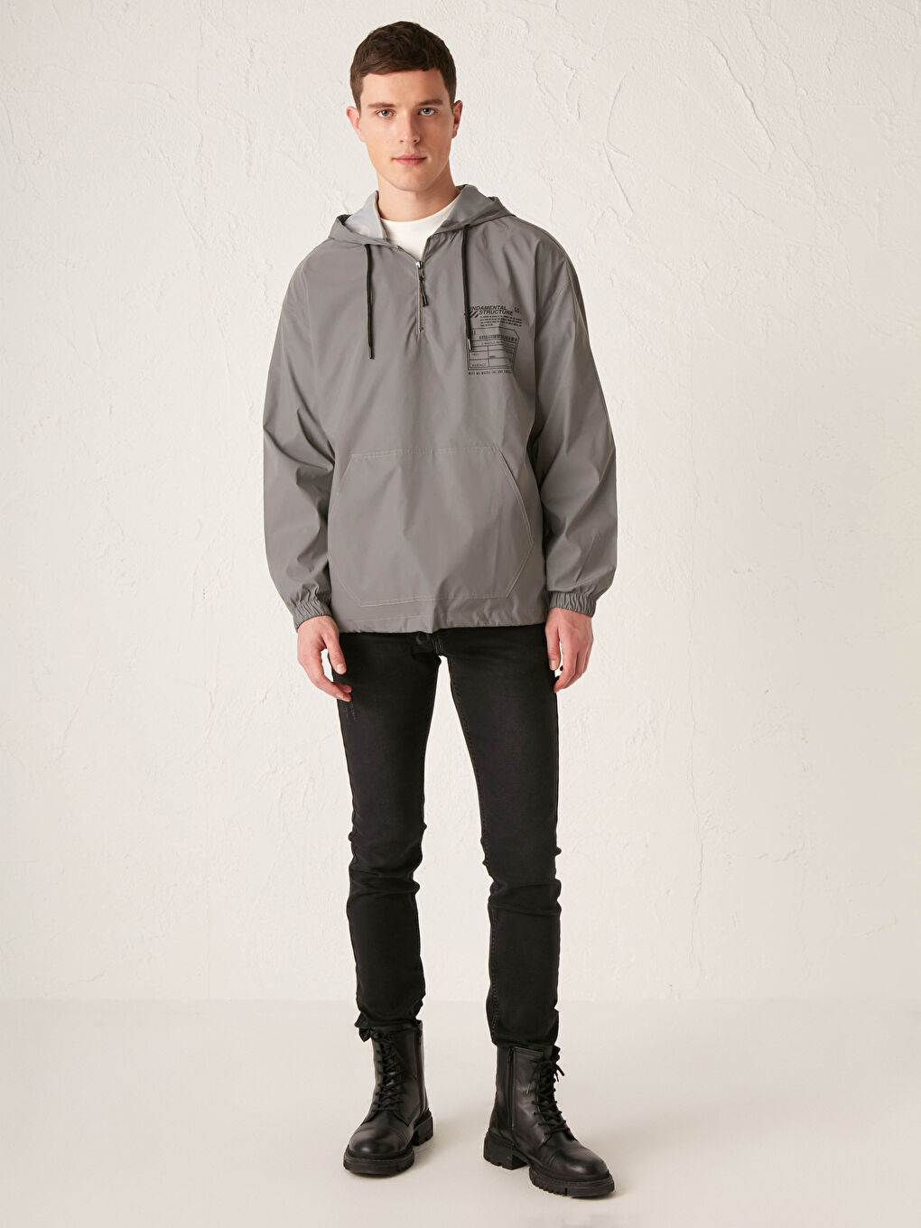 Gri Oversize Kapüşonlu Kanguru Mont-2