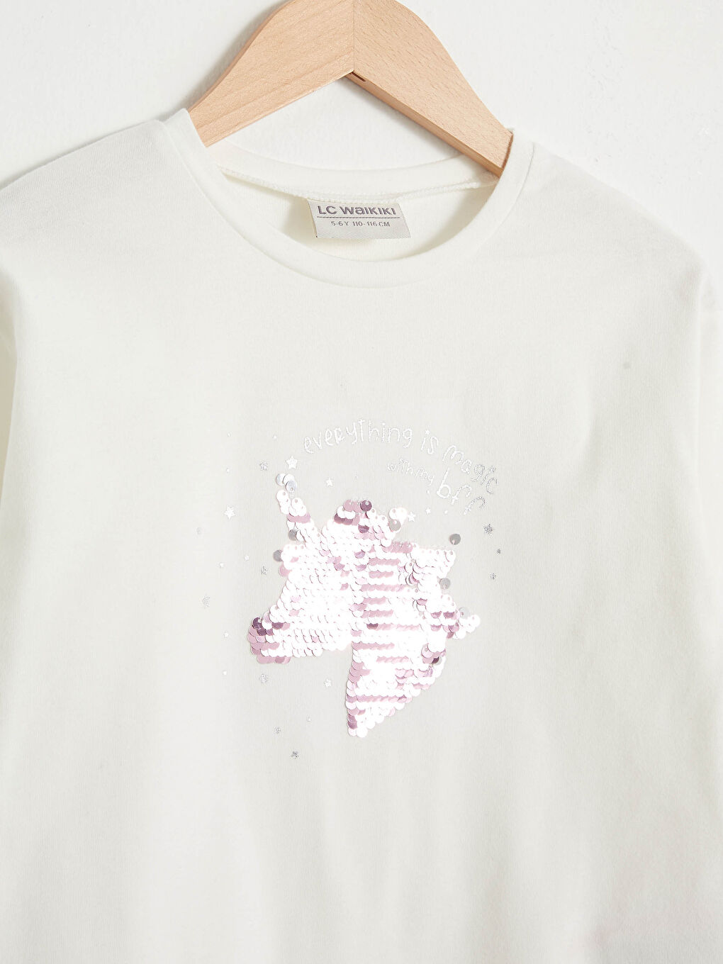 Ekru Kız Çocuk Çift Yönlü Payetli Pamuklu Tişört-3