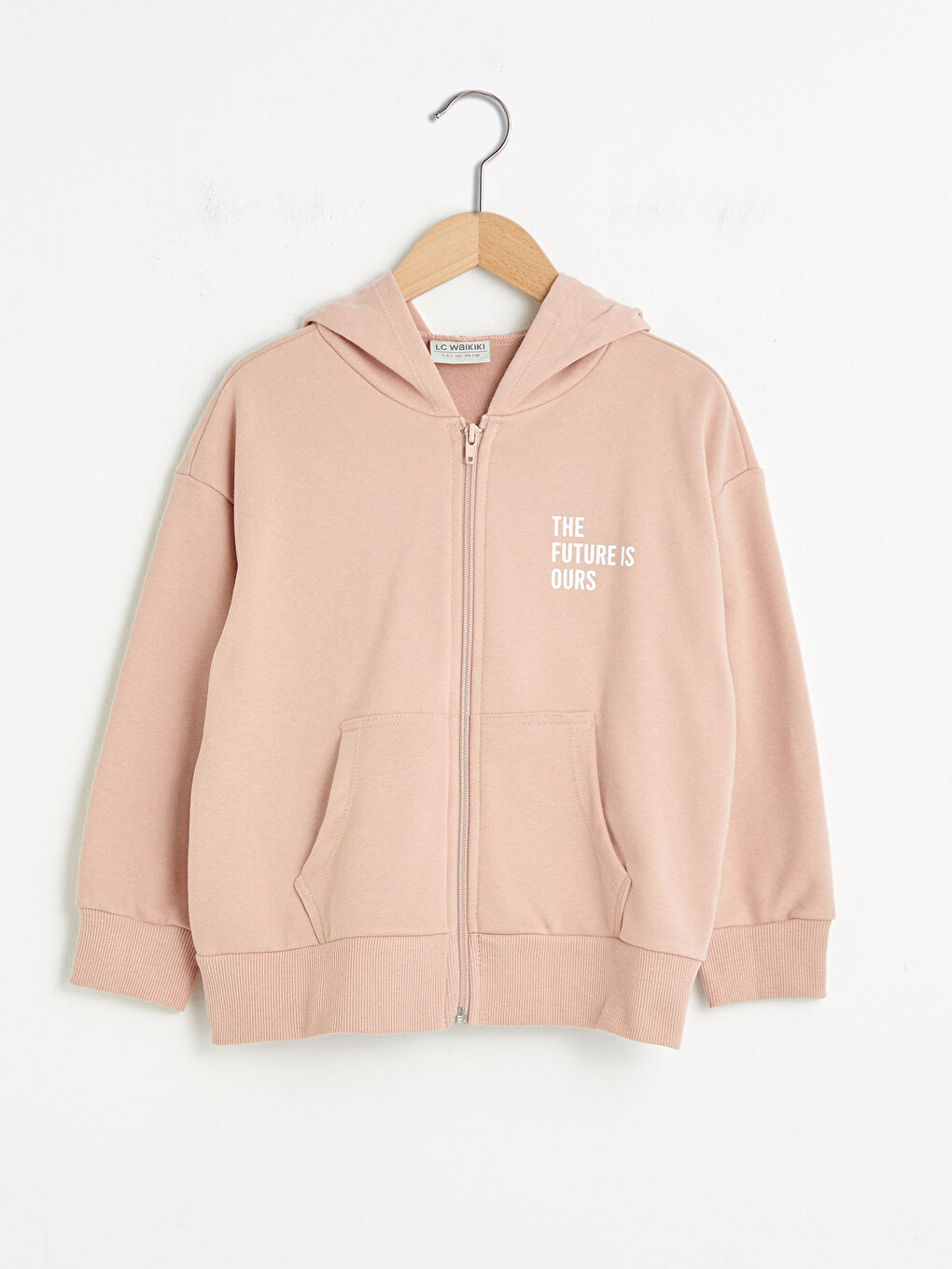 Pembe Kapüşonlu Baskılı Uzun Kollu Kız Çocuk Fermuarlı Sweatshirt