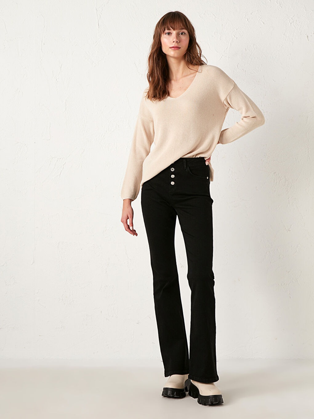 Siyah Yüksek Bel Mars Flare Kadın Jean Pantolon-1