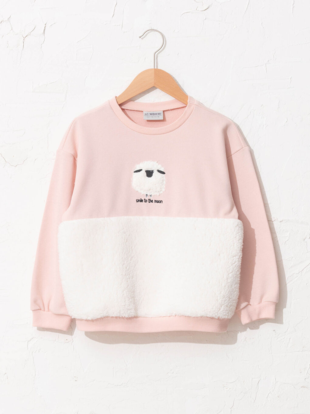 Pembe Bisiklet Yaka Aplike Nakışlı Uzun Kollu Kız Çocuk Sweatshirt