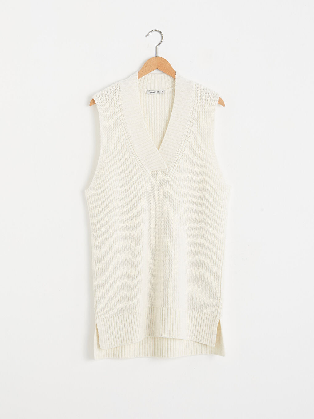 Ekru Regular Fit V Yaka Süveter-5