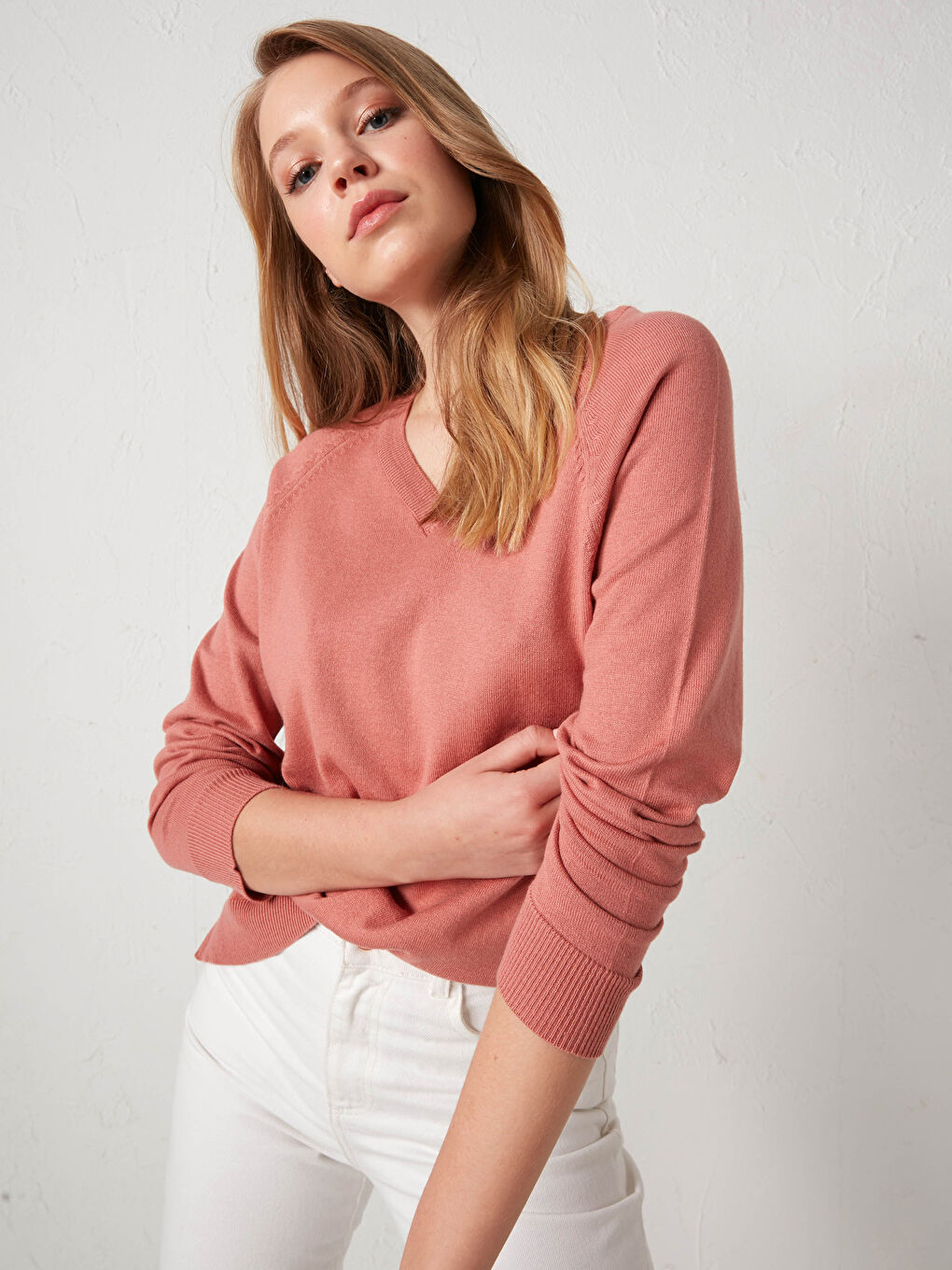 Pembe Düz V Yaka Triko Kazak-2