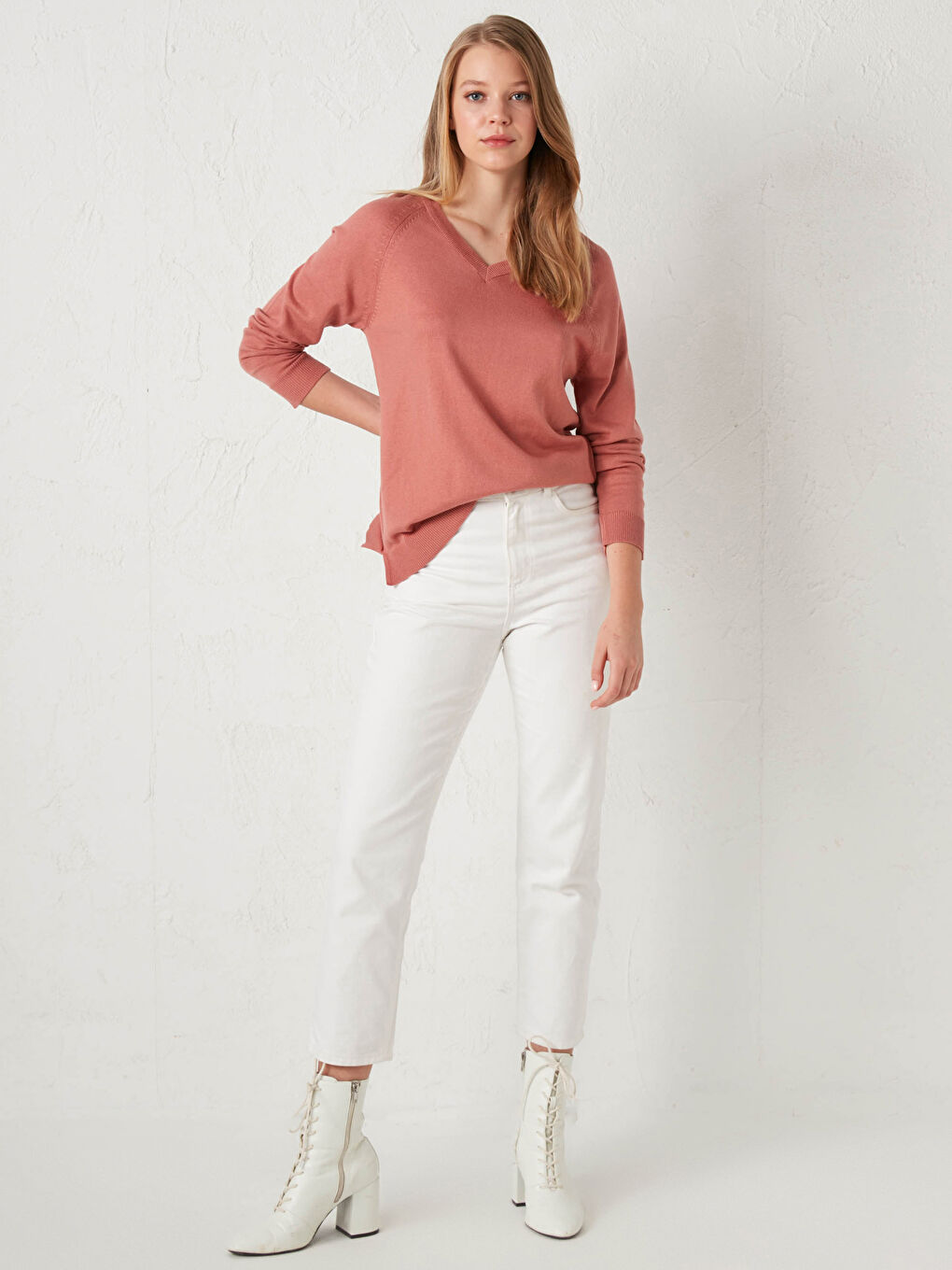 Pembe Düz V Yaka Triko Kazak-3