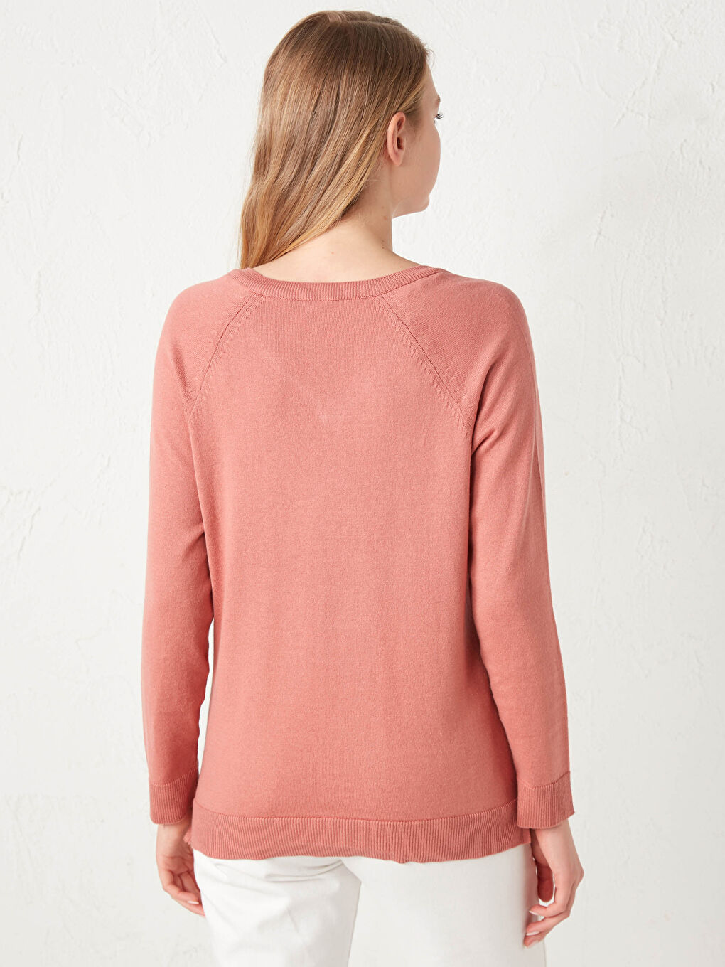 Pembe Düz V Yaka Triko Kazak-4