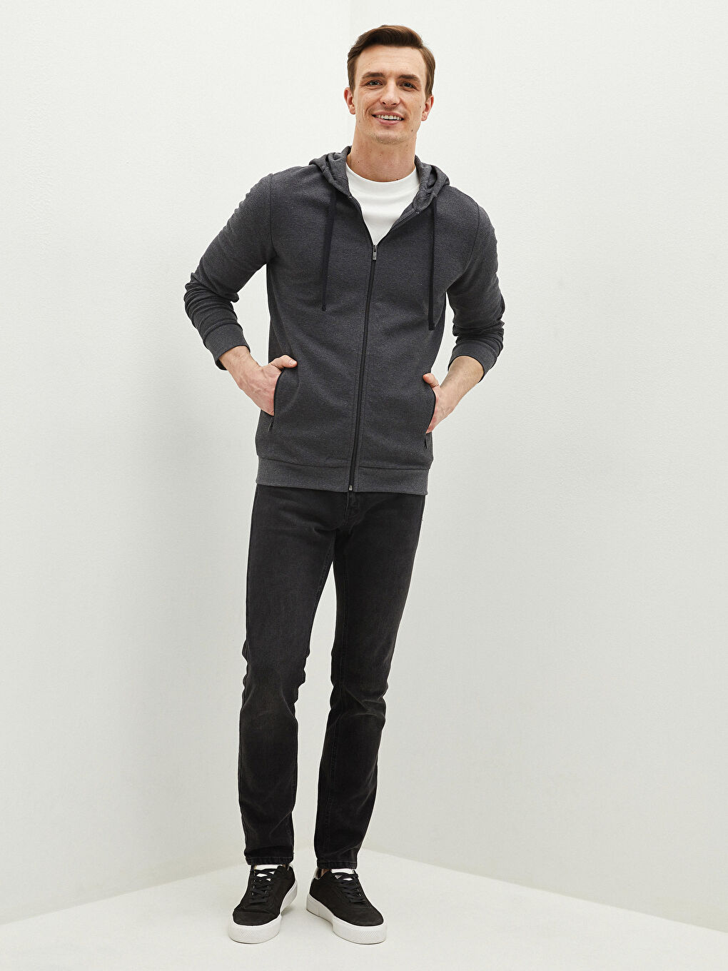 Antrasit Doğa Dostu Kapüşonlu Fermuarlı Sweatshirt-2