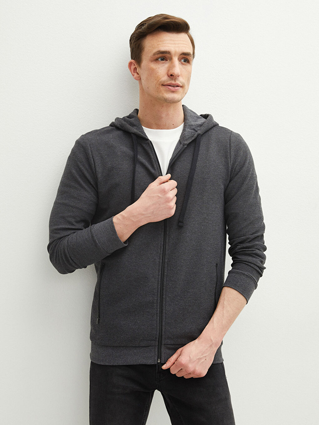 Antrasit Doğa Dostu Kapüşonlu Fermuarlı Sweatshirt-4