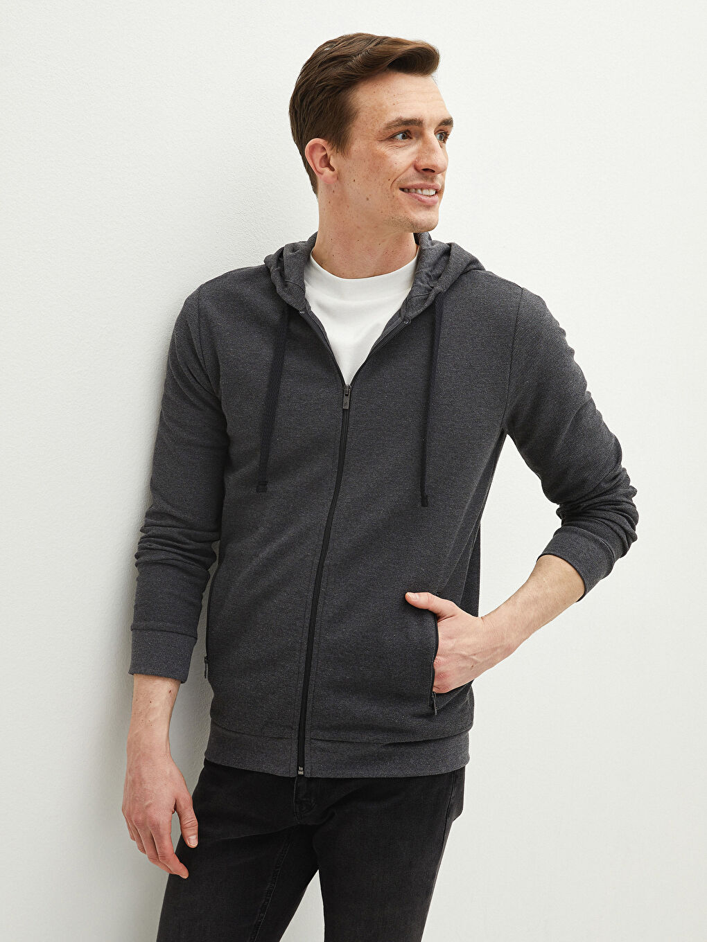 Antrasit Doğa Dostu Kapüşonlu Fermuarlı Sweatshirt