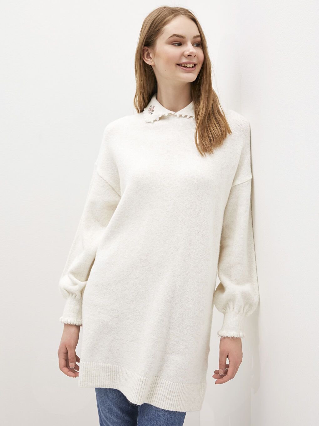 تونيك محبوك بياقة مطرزة بالزهور-4