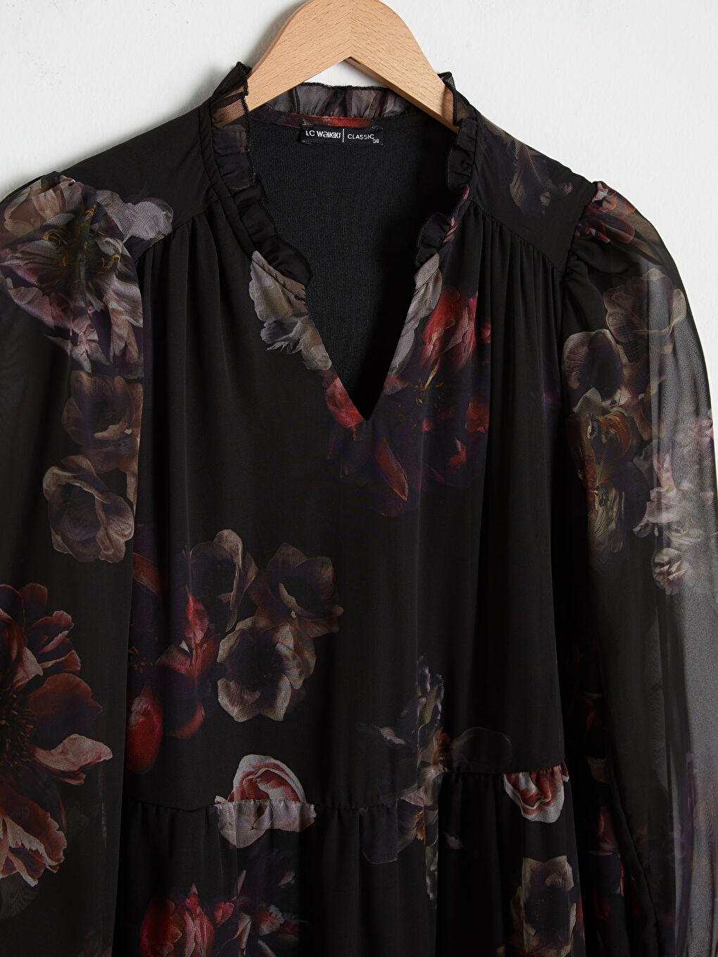 Bordo Çiçek Desenli Fırfır Detaylı Şifon Elbise-7