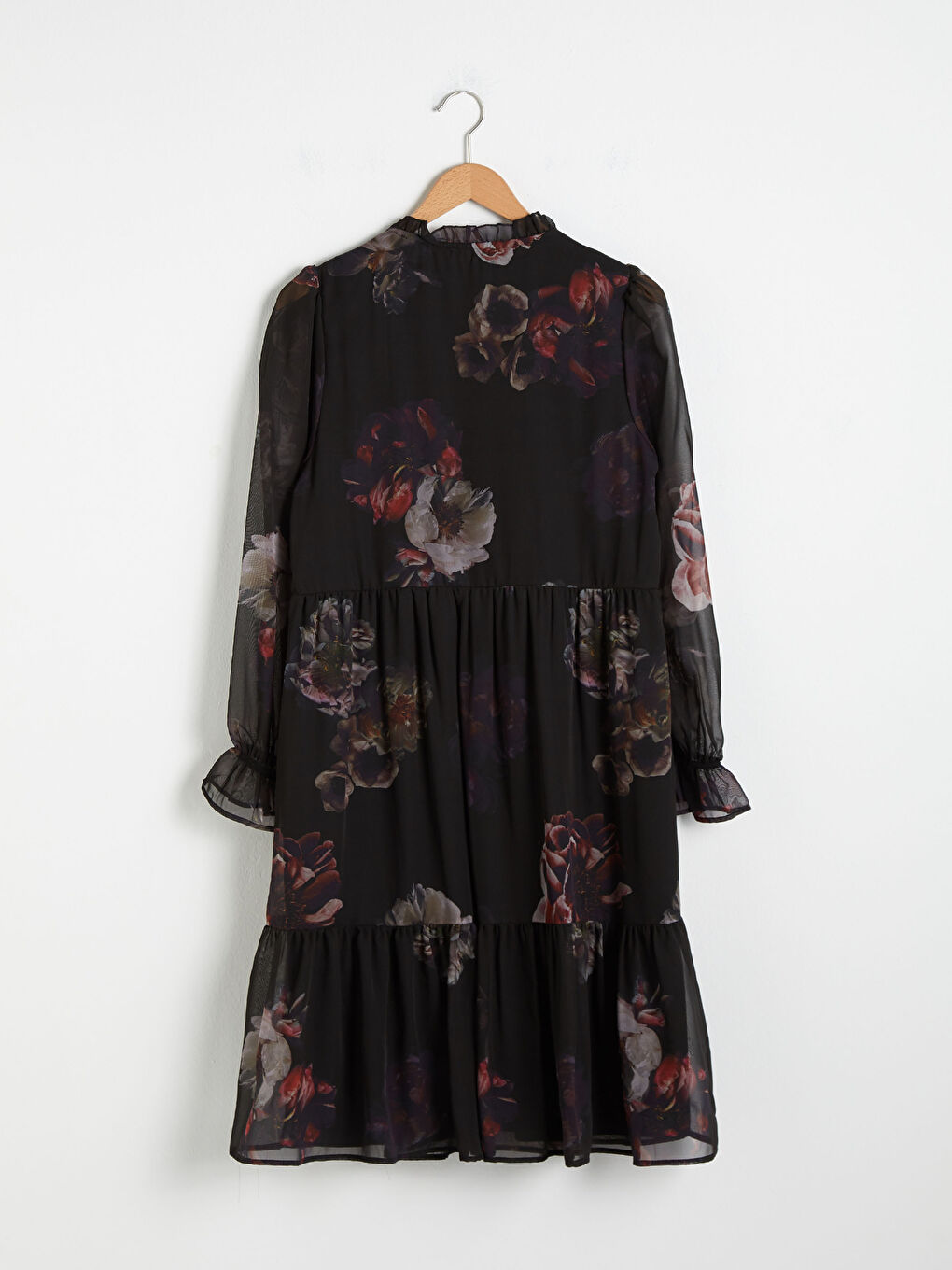 Bordo Çiçek Desenli Fırfır Detaylı Şifon Elbise-8