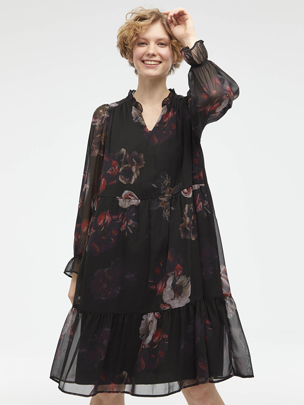 Bordo Çiçek Desenli Fırfır Detaylı Şifon Elbise-2