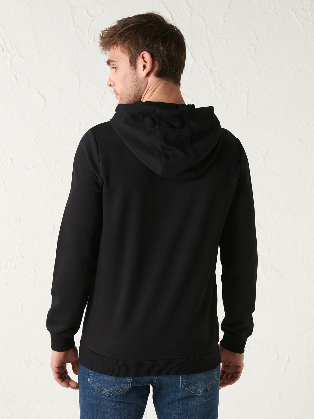 Siyah Uzun Kollu Baskılı Erkek Hoodie-3