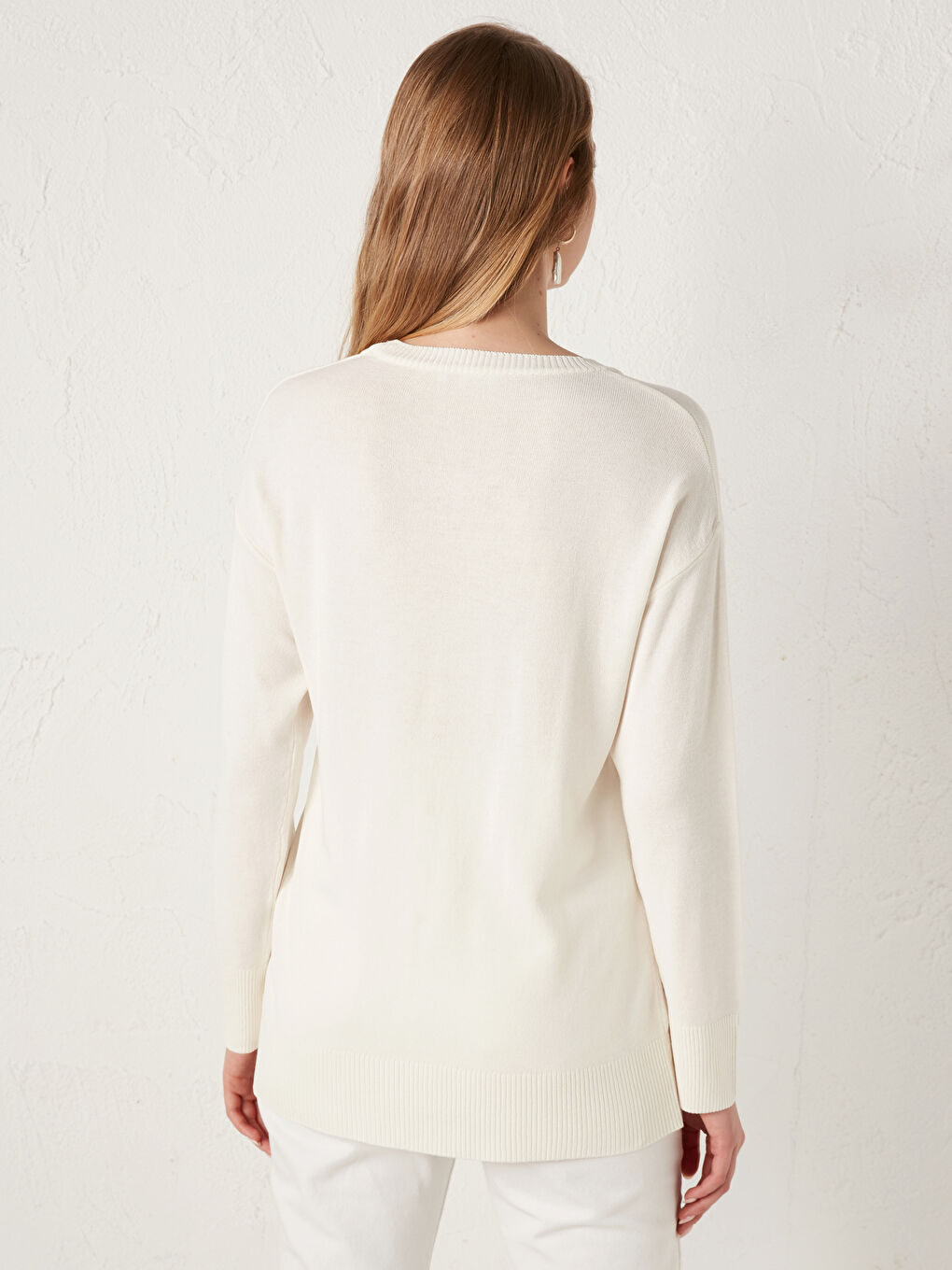 Ekru Bisiklet Yaka Triko Basic Kazak -2