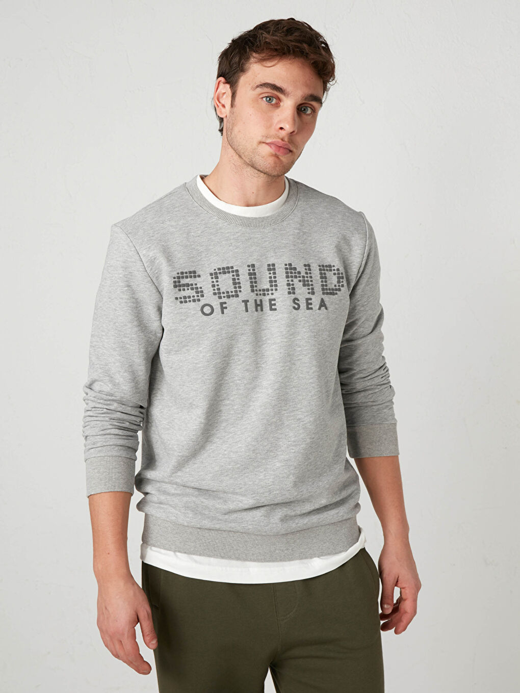 Gri Rahat Kalıp Bisiklet Yaka Baskılı Kalın Sweatshirt