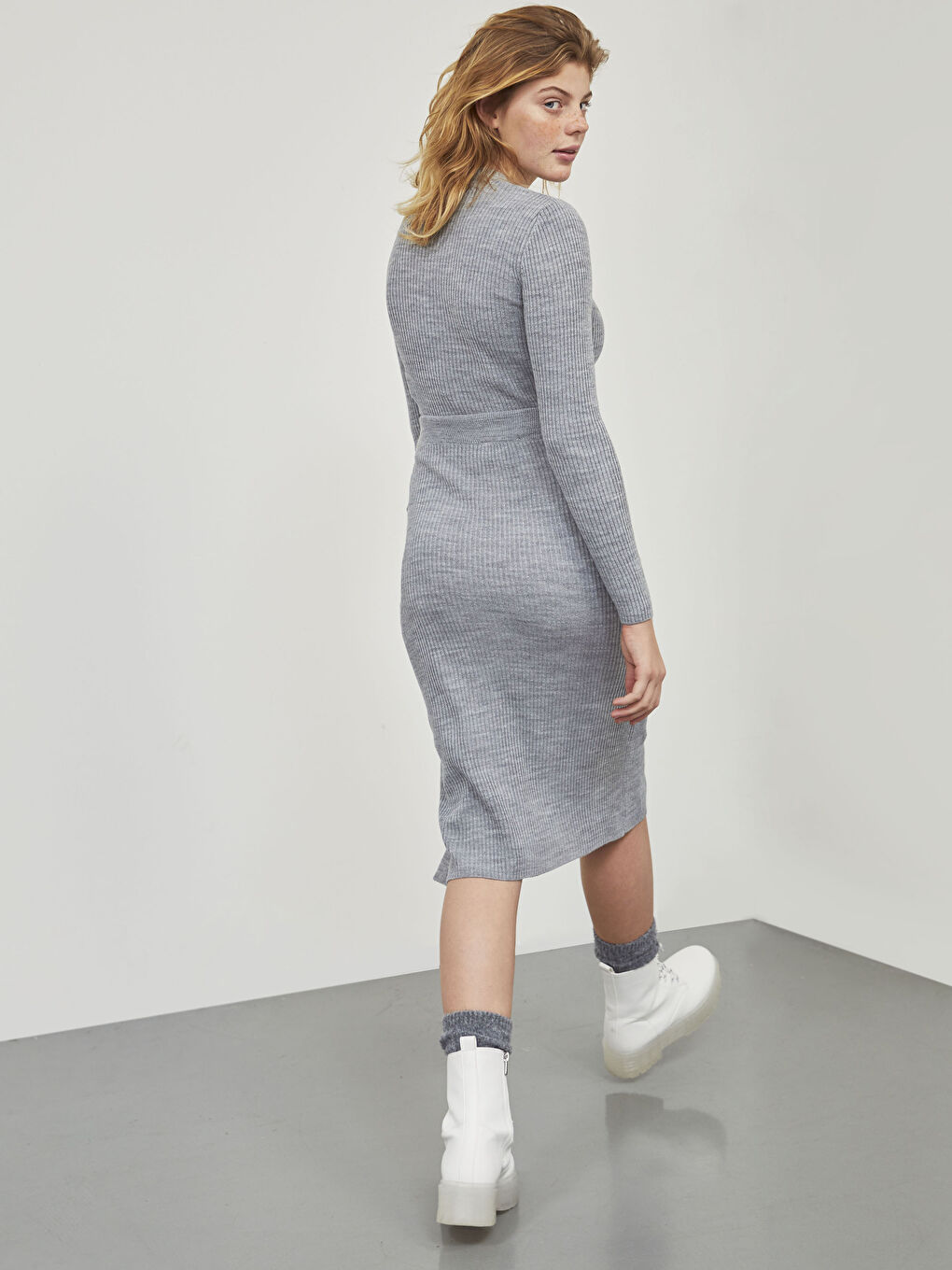 Gri Midi Boy Triko Etek-3