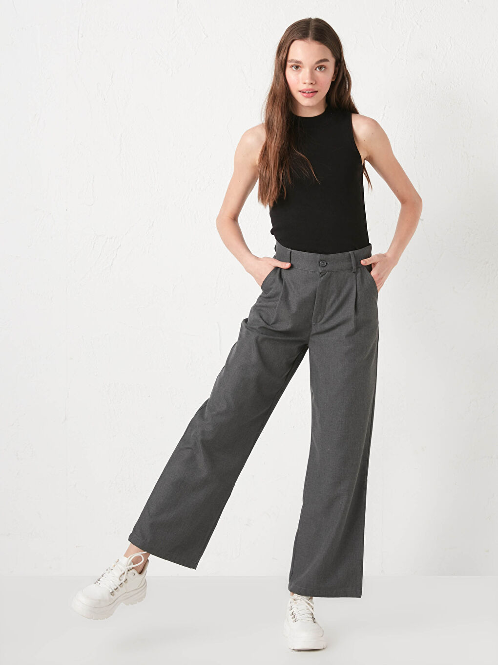 Wide Leg Twill Trousers-4