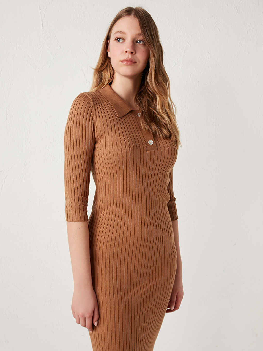 LCW Limited Shirt Collar Short Sleeve Women Knitwear Dress -0WIU55Z8-RMU