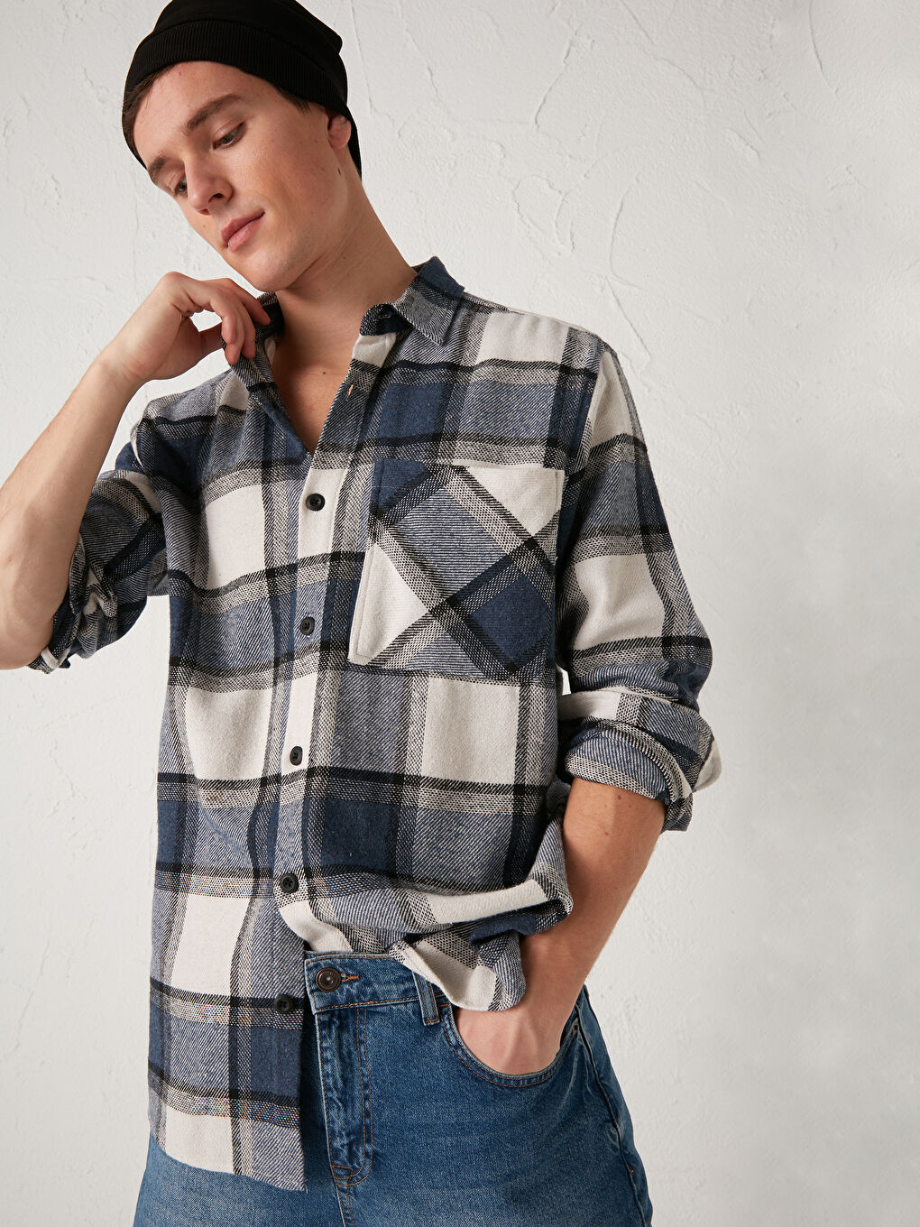 Chemise en flanelle à carreaux à manches longues coupe régulière pour hommes