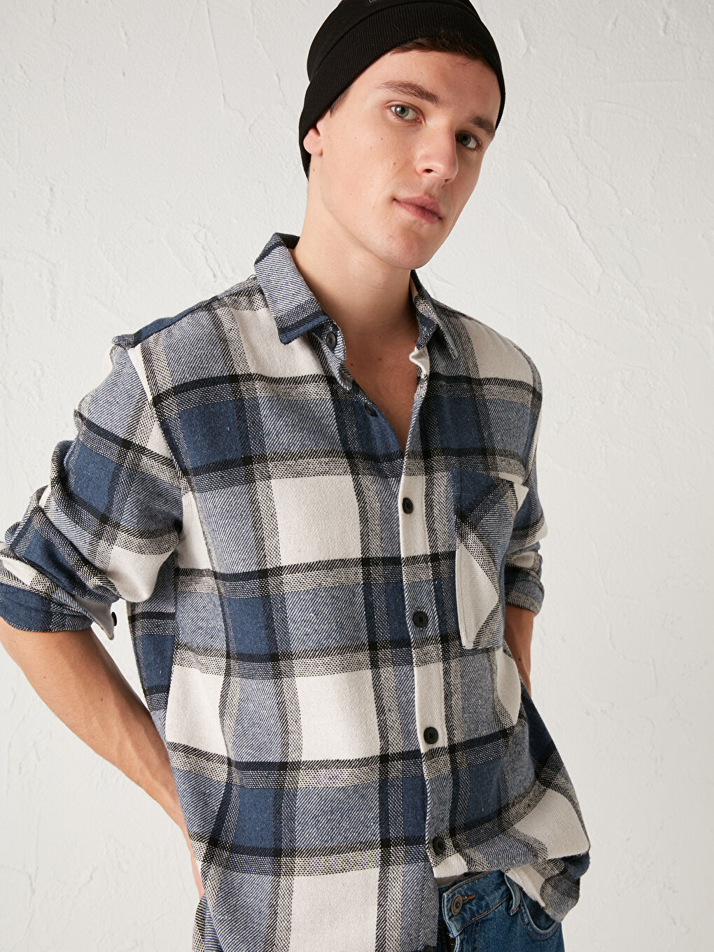 Chemise en flanelle à carreaux à manches longues coupe régulière pour hommes-4