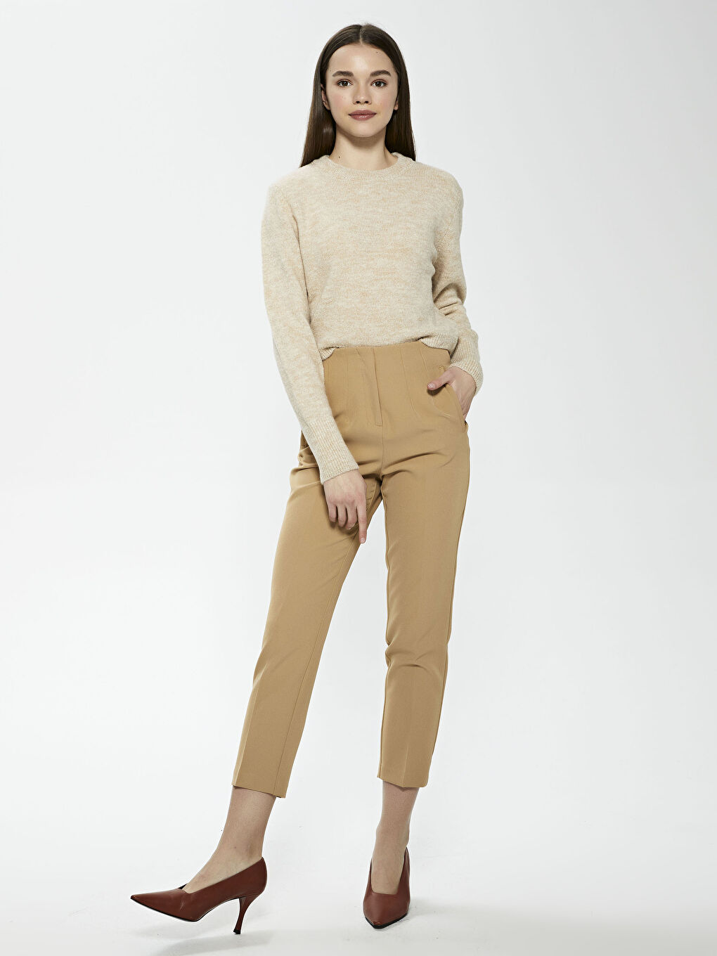 Bej Bisiklet Yaka Oversize Triko Kazak-2