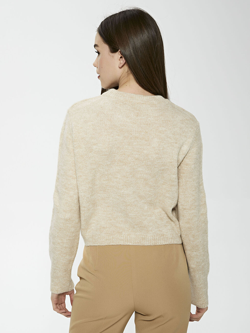 Bej Bisiklet Yaka Oversize Triko Kazak-3