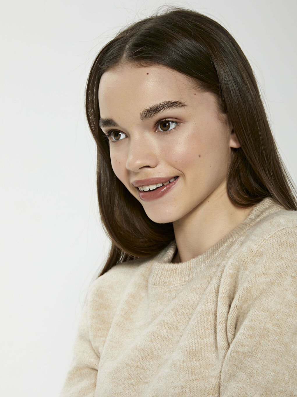 Bej Bisiklet Yaka Oversize Triko Kazak-1