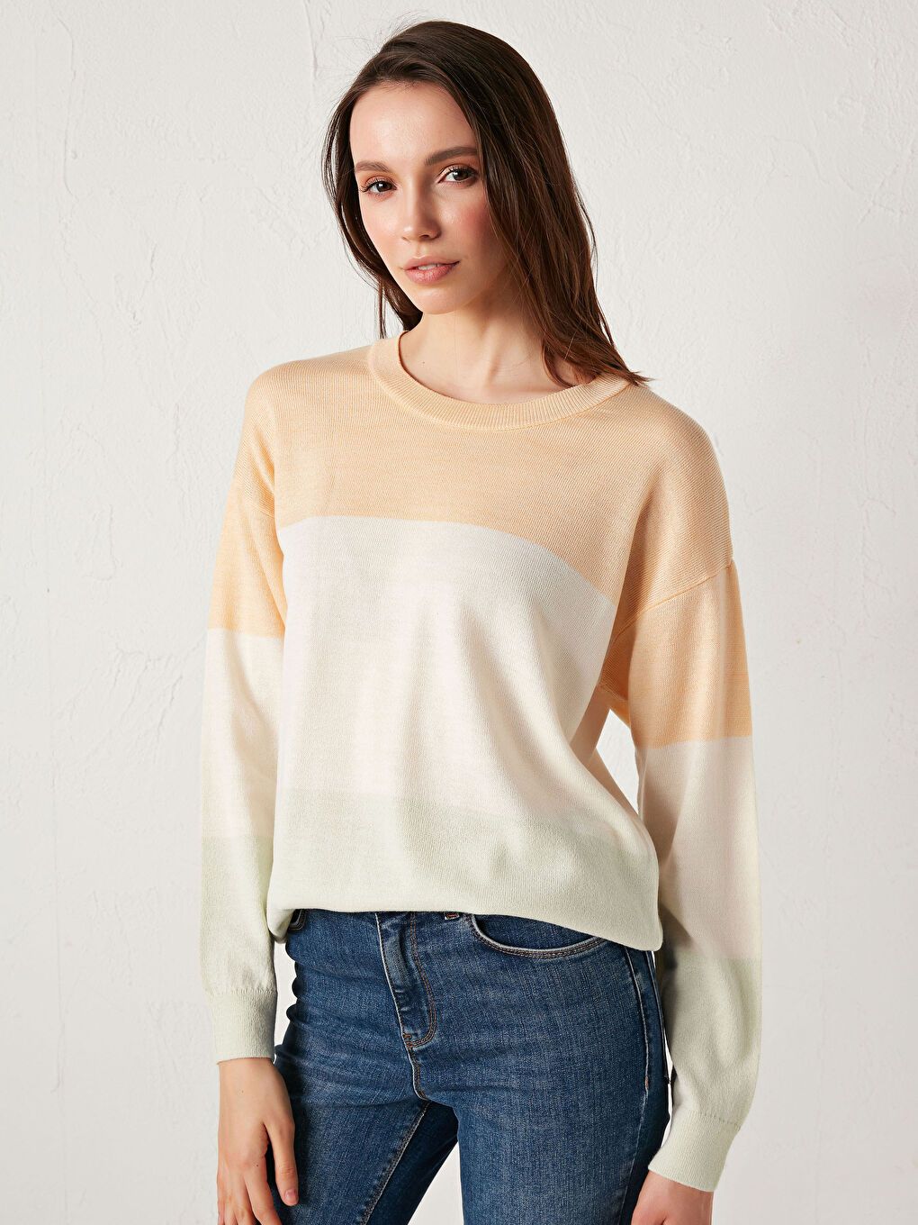 Mercan Bisiklet Yaka Renk Bloklu Triko Kazak