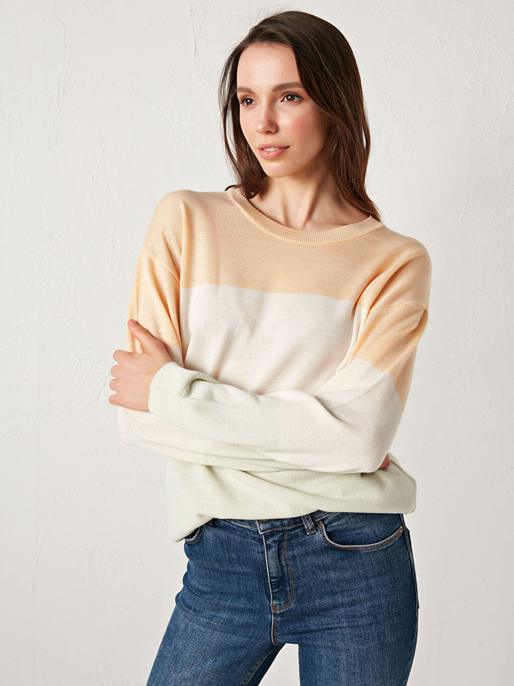 Mercan Bisiklet Yaka Renk Bloklu Triko Kazak-2