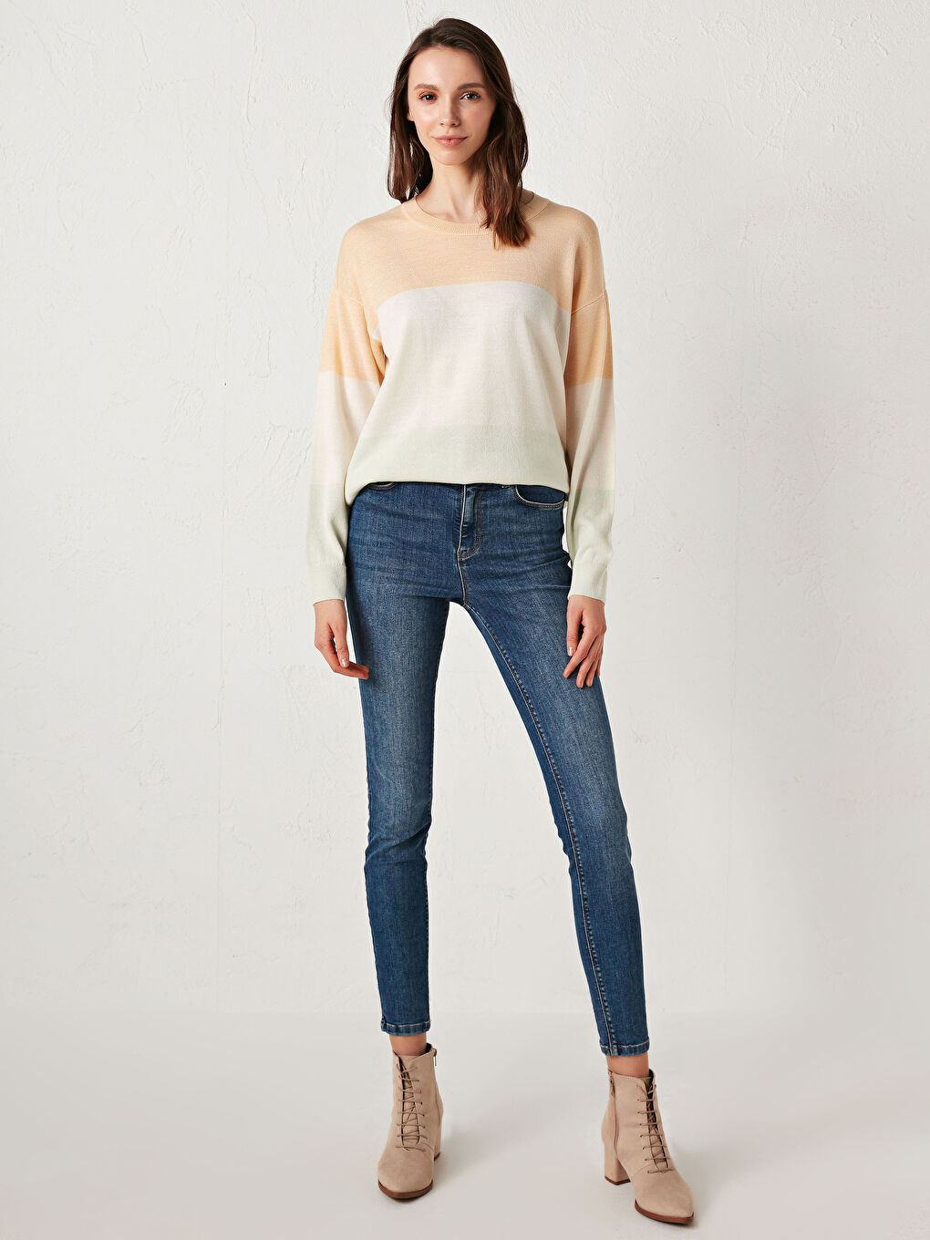 Mercan Bisiklet Yaka Renk Bloklu Triko Kazak-3