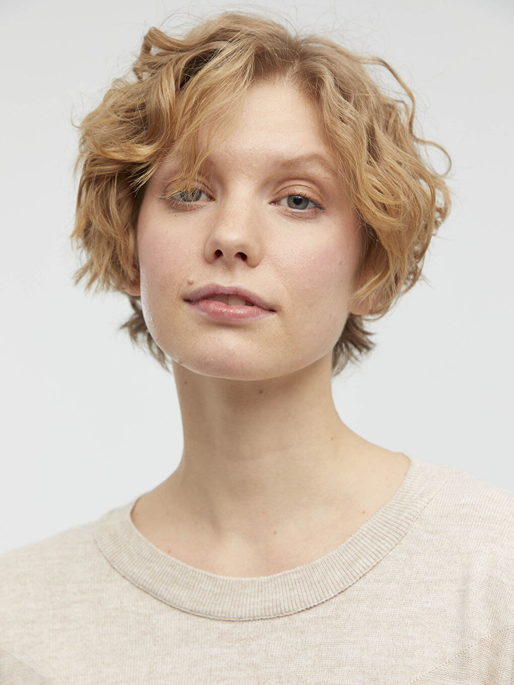 Bej Bisiklet Yaka Triko Basic Kazak -2