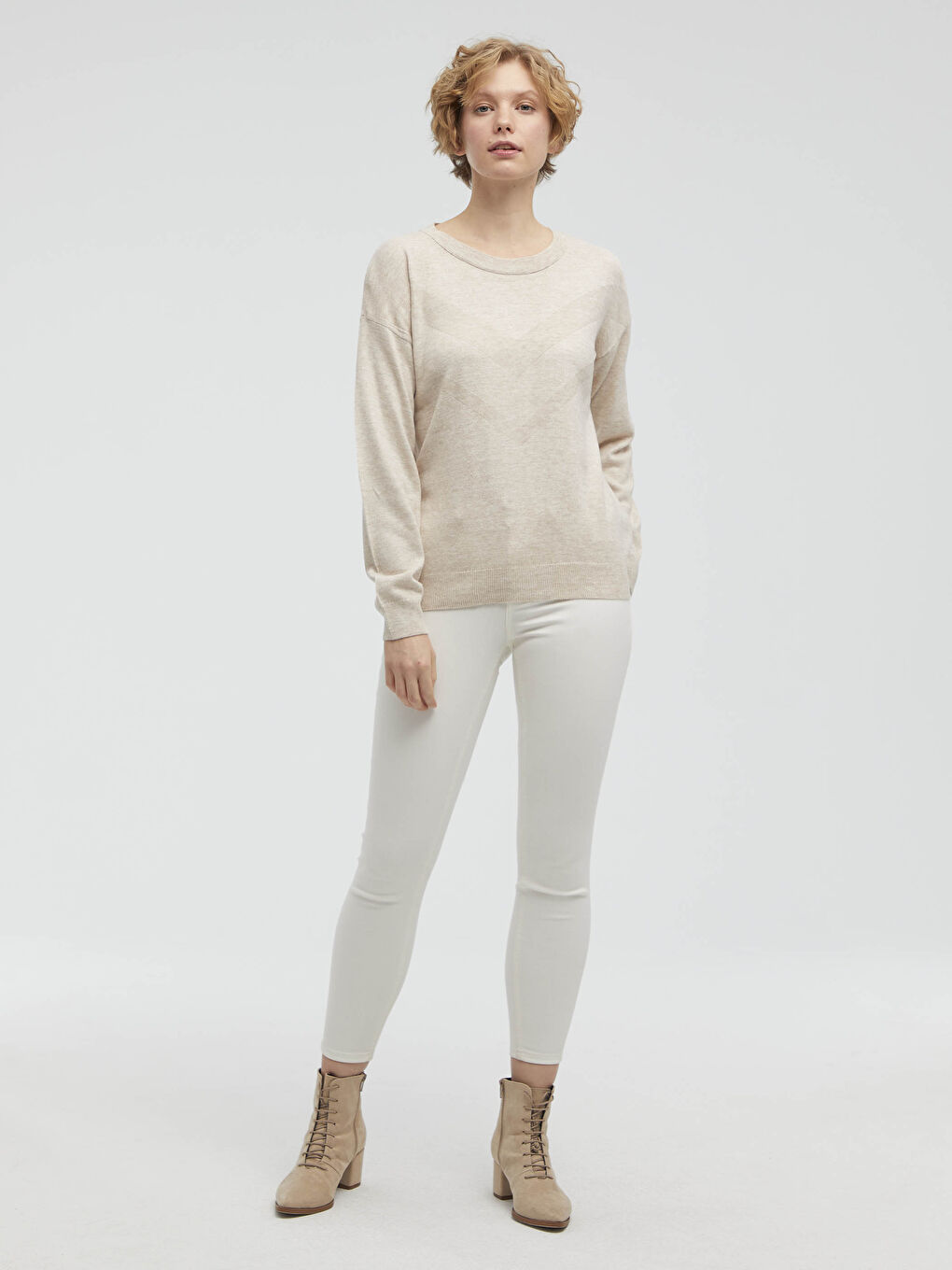 Bej Bisiklet Yaka Triko Basic Kazak -3