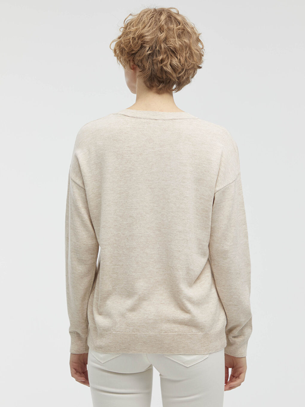 Bej Bisiklet Yaka Triko Basic Kazak -4