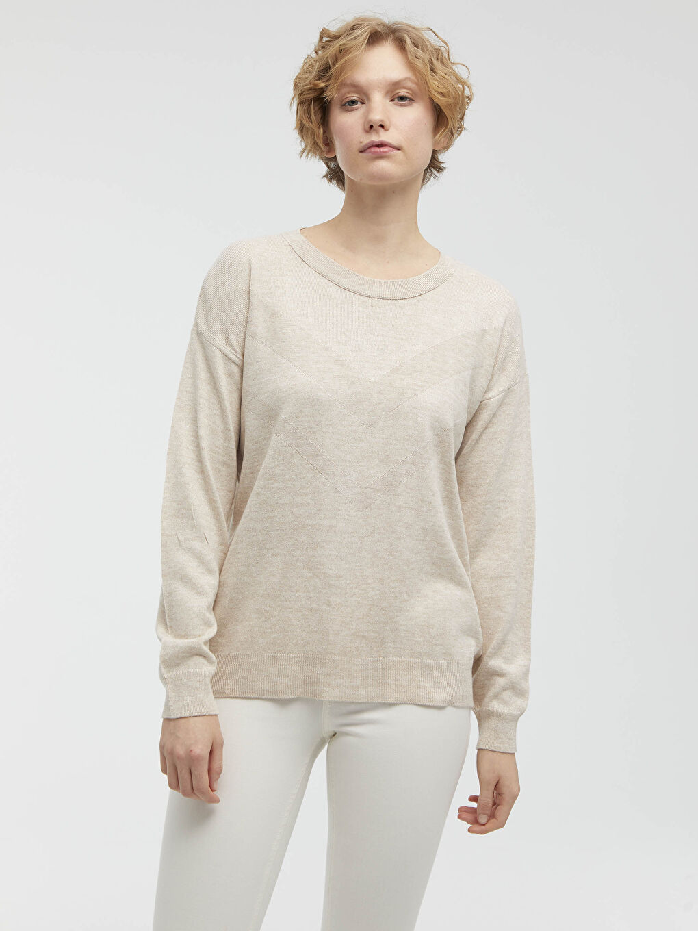 Bej Bisiklet Yaka Triko Basic Kazak -5