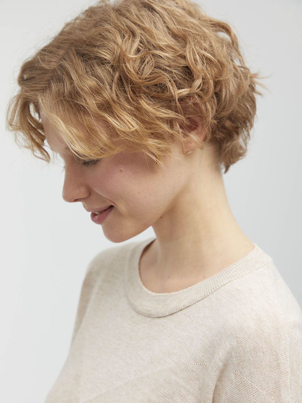 Bej Bisiklet Yaka Triko Basic Kazak -1