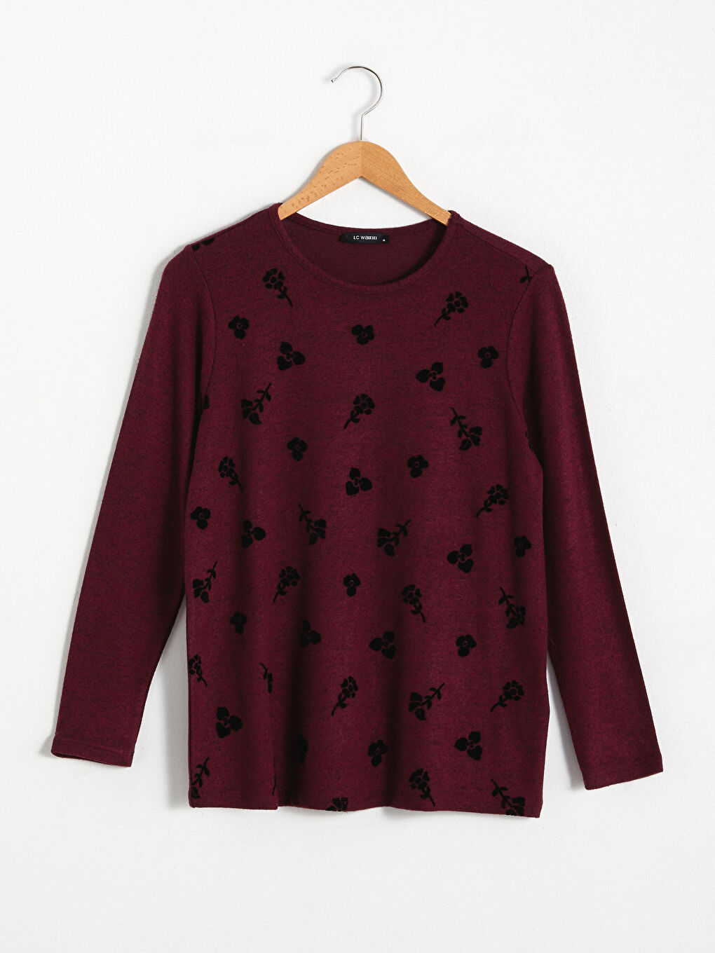 Bordo Bisiklet Yaka Çiçek Baskılı Bluz-5