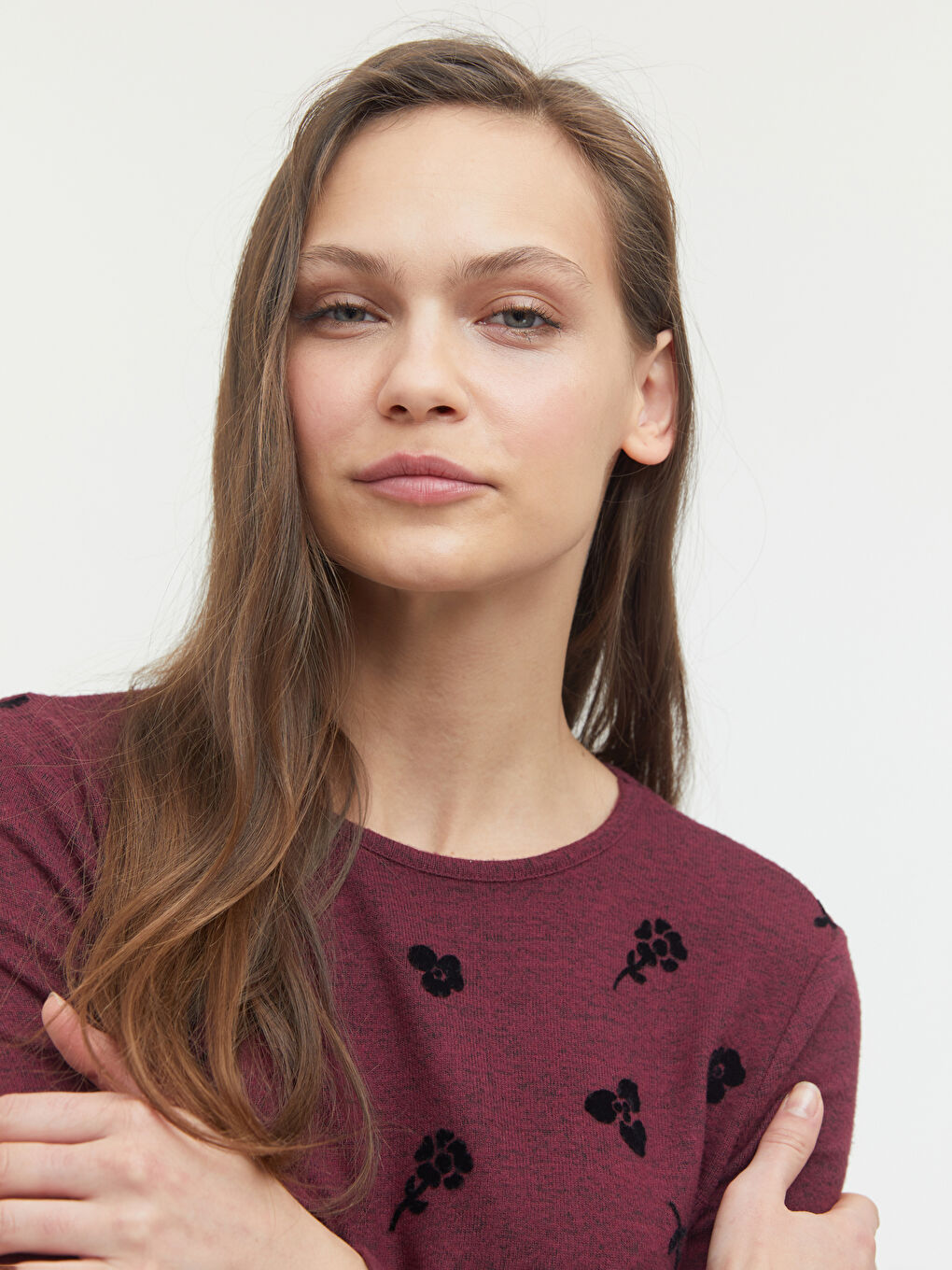 Bordo Bisiklet Yaka Çiçek Baskılı Bluz-2