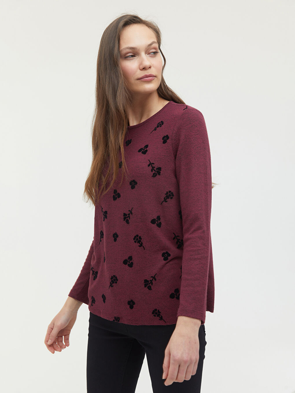 Bordo Bisiklet Yaka Çiçek Baskılı Bluz-4