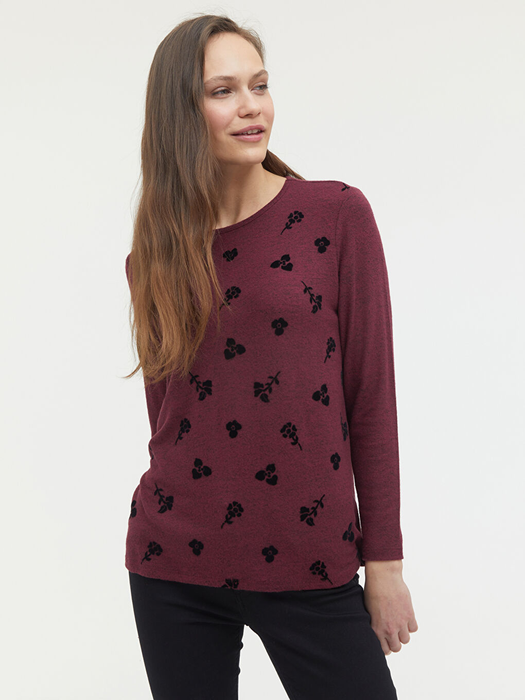 Bordo Bisiklet Yaka Çiçek Baskılı Bluz