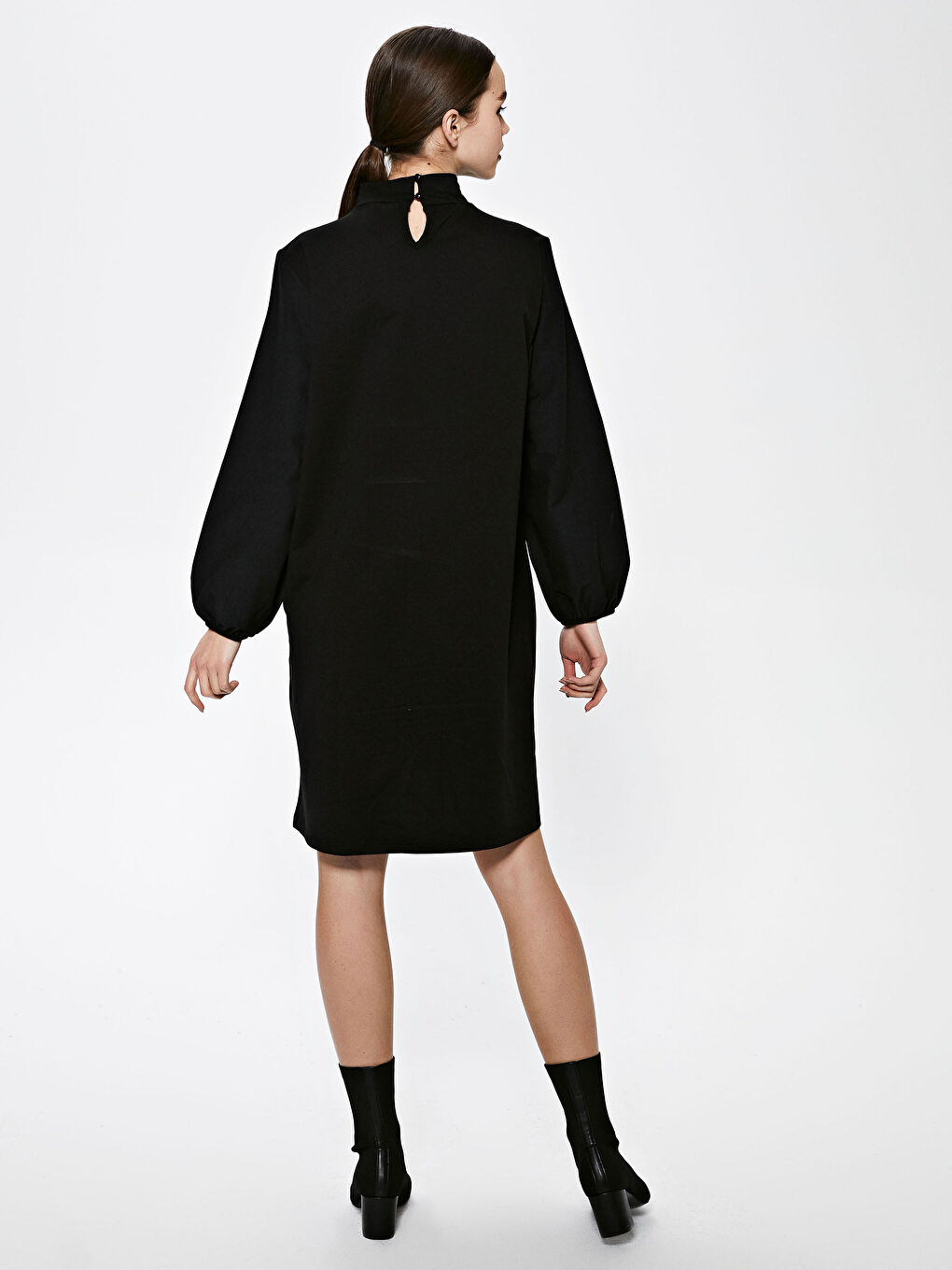 Siyah Yarım Balıkçı Yaka Düz Uzun Kollu Kadın Elbise-5