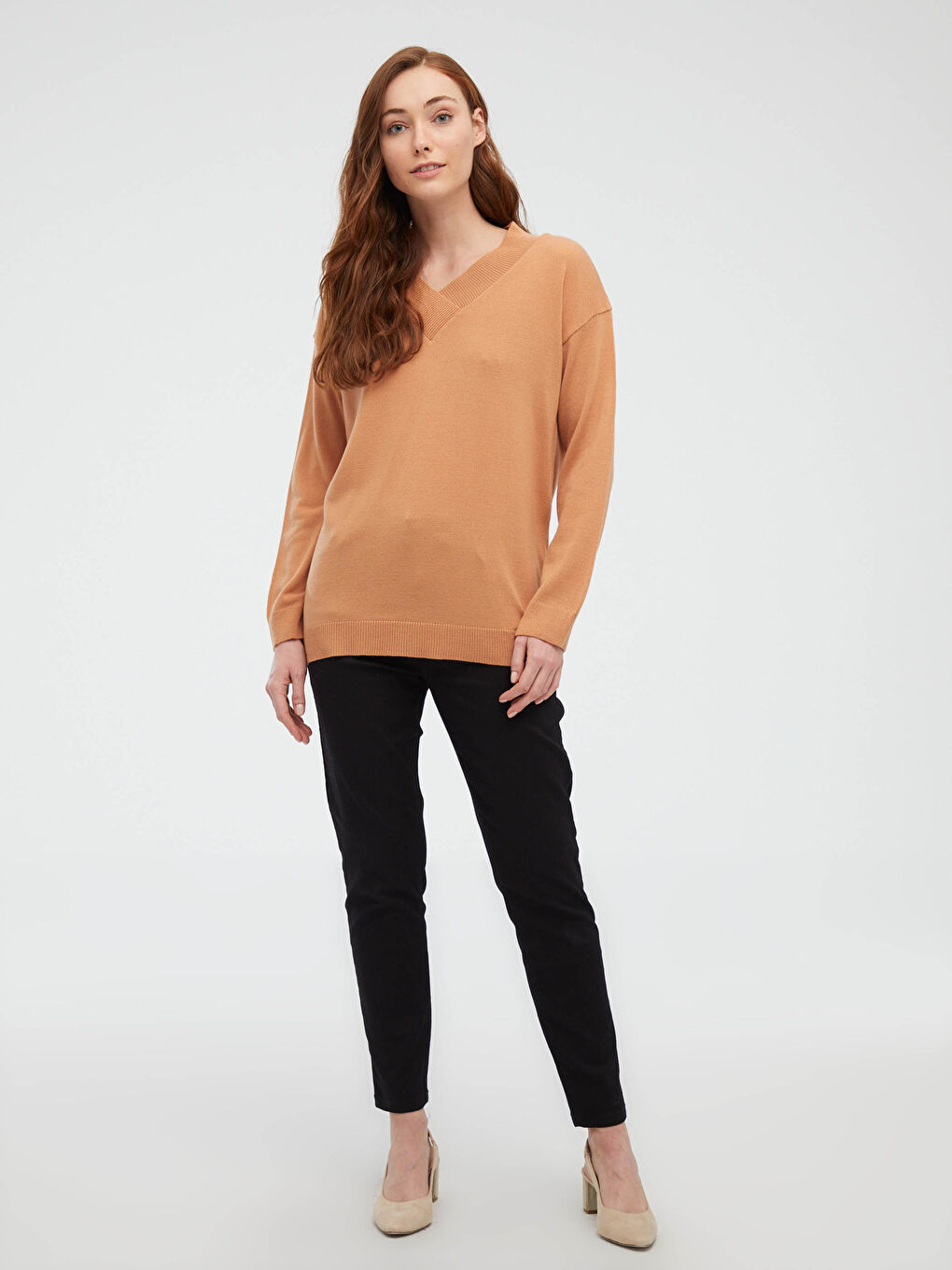 Turuncu Düz V Yaka Triko Kazak-1